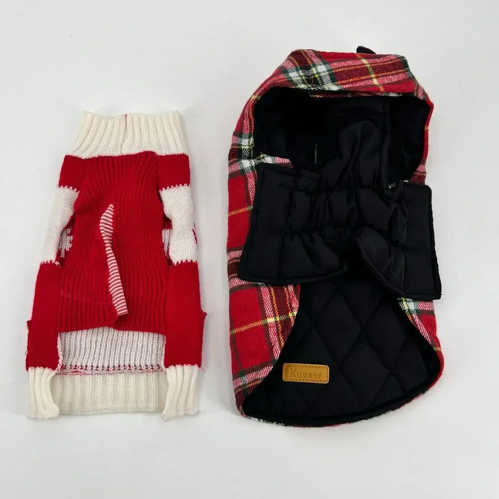 Kuoser Dog holiday christmas sweater & red plaid water resistant jacket sz small